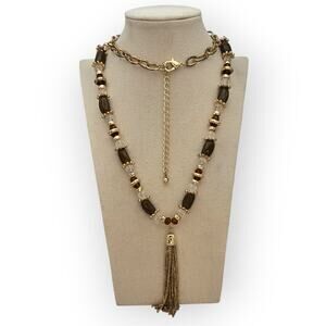Amber Brown Gold Beaded Tassel Necklace – Vintage Boho Glam 1970s Style Jewelry